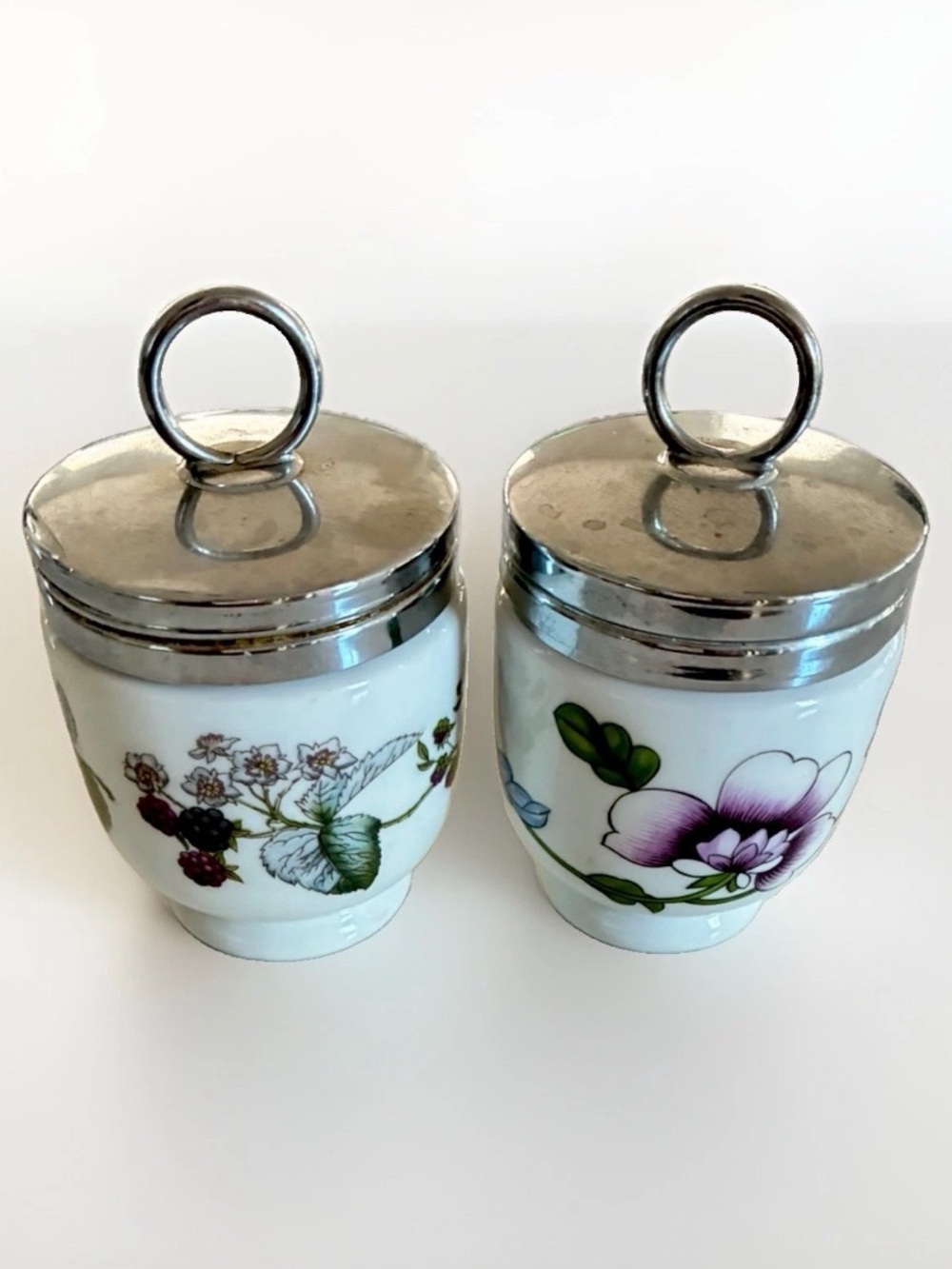 Pair of Vintage Royal Worcester Porcelain Egg Coddlers-Astley Floral & Evesham